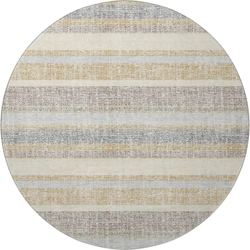 8' Gold And Beige Striped Washable Round Rug With UV Protection Photo 4