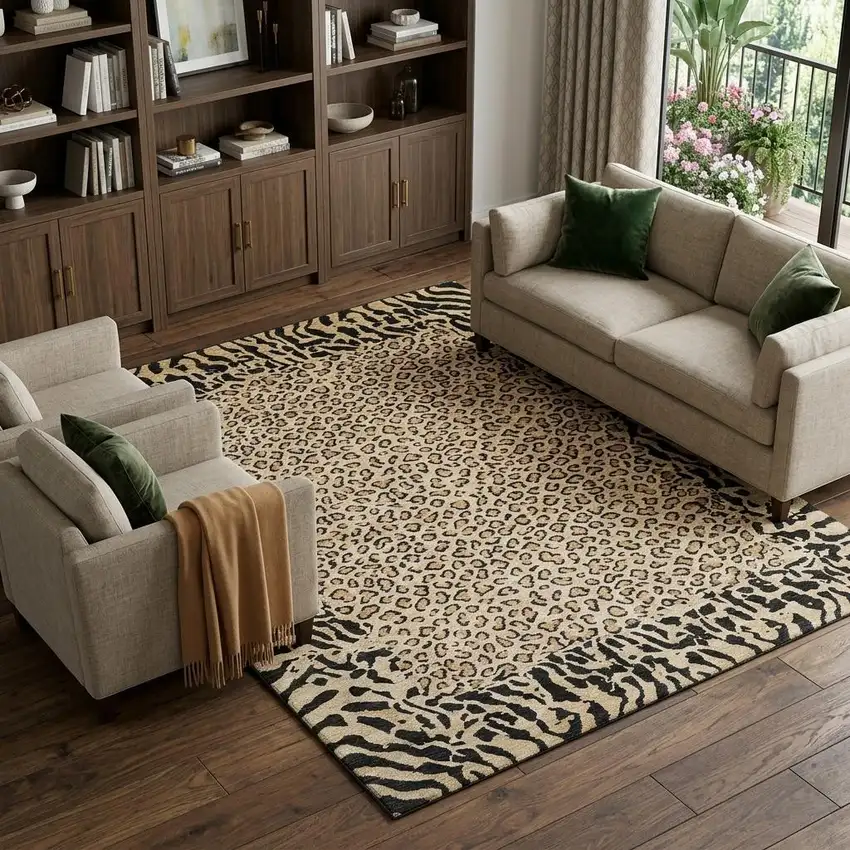 8' Gold And Black Animal Print Washable Area Rug With UV Protection Photo 1