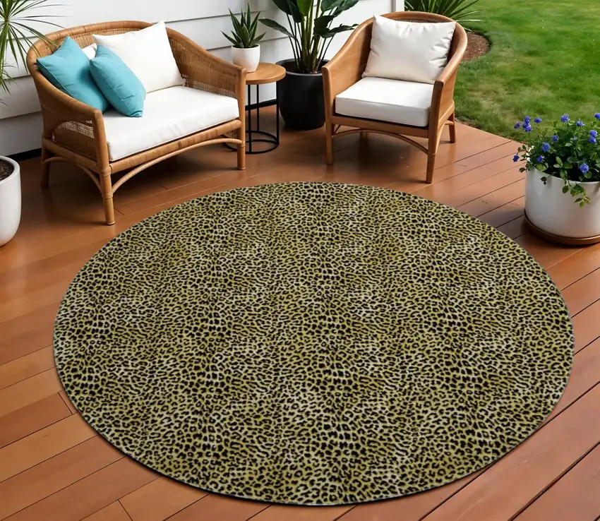 8' Gold And Black Round Leopard Print Washable Indoor Outdoor Area Rug Photo 1