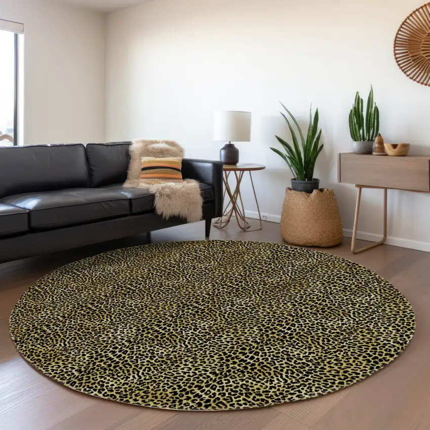 8' Gold And Black Round Leopard Print Washable Indoor Outdoor Area Rug Photo 7