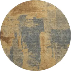 Photo of 8' Gold And Blue Abstract Washable Round Rug With UV Protection