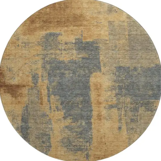 8' Gold And Blue Abstract Washable Round Rug With UV Protection Photo 4