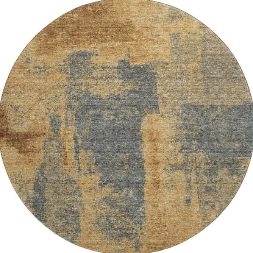8' Gold And Blue Abstract Washable Round Rug With UV Protection Photo 4