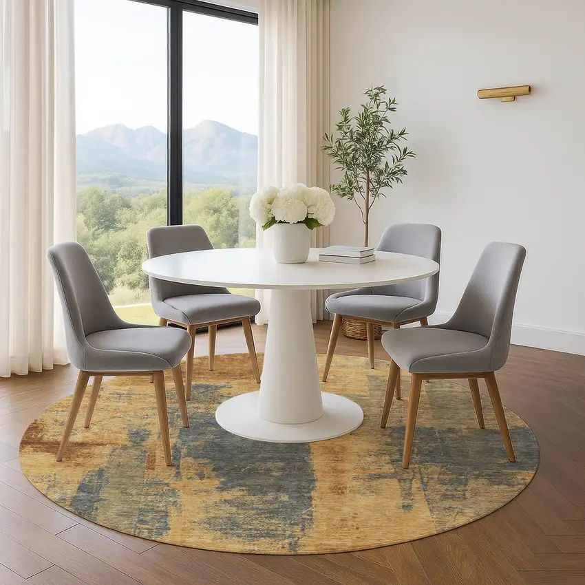 8' Gold And Blue Abstract Washable Round Rug With UV Protection Photo 5