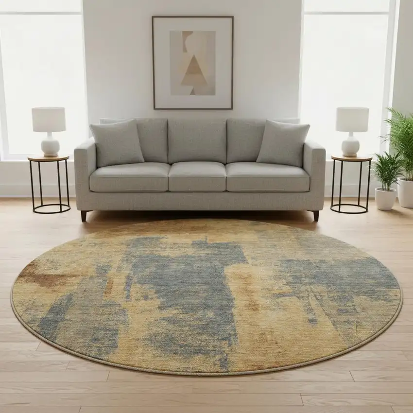 8' Gold And Blue Abstract Washable Round Rug With UV Protection Photo 2
