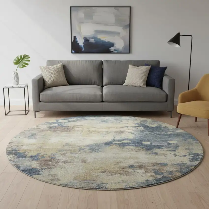 8' Gold And Blue Abstract Washable Round Rug With UV Protection Photo 2