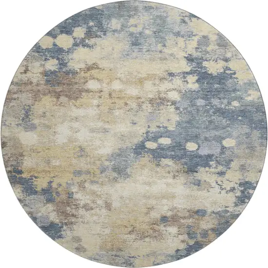 8' Gold And Blue Abstract Washable Round Rug With UV Protection Photo 1