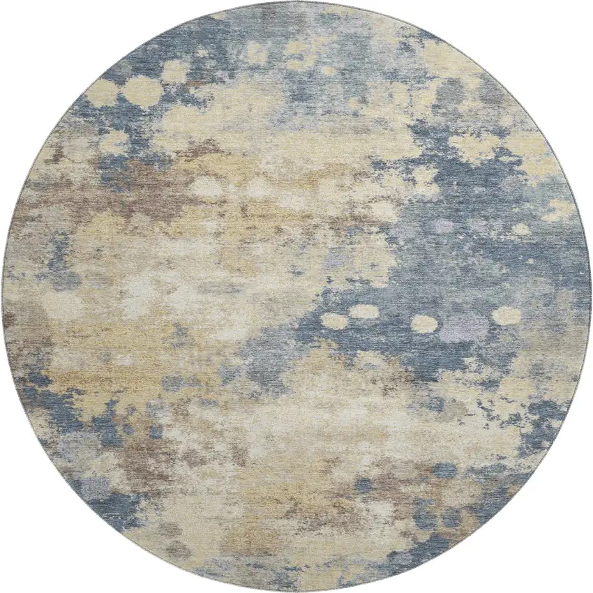 8' Gold And Blue Abstract Washable Round Rug With UV Protection Photo 1