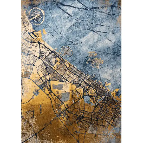 8' Gold And Blue Abstract Washable Round Rug With UV Protection Photo 7