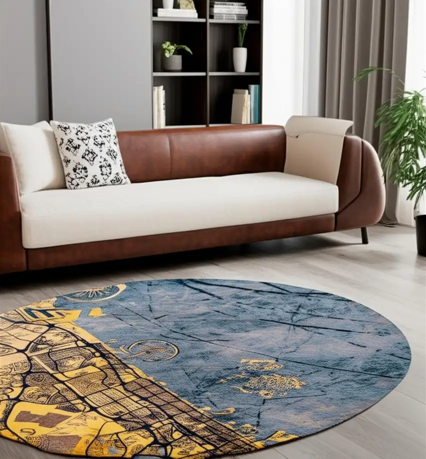 8' Gold And Blue Abstract Washable Round Rug With UV Protection Photo 1
