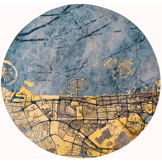 8' Gold And Blue Abstract Washable Round Rug With UV Protection Photo 2