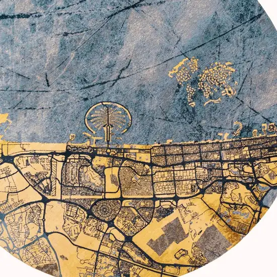 8' Gold And Blue Abstract Washable Round Rug With UV Protection Photo 3