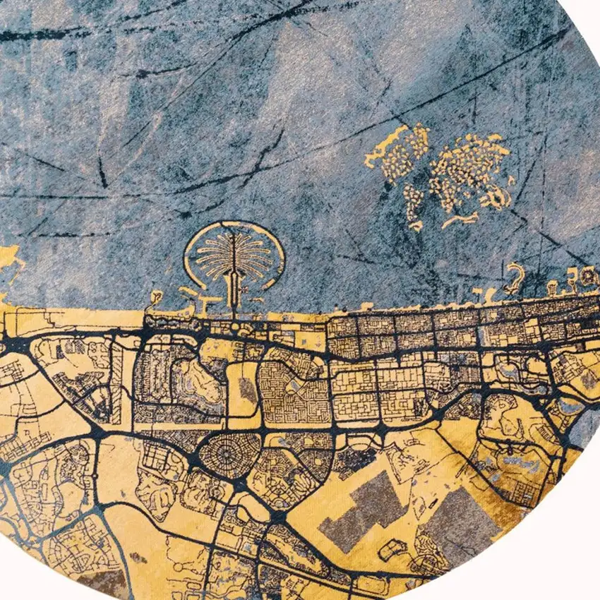 8' Gold And Blue Abstract Washable Round Rug With UV Protection Photo 3