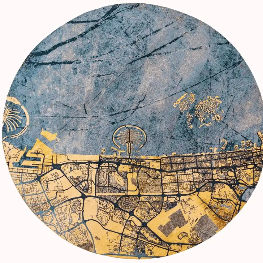 8' Gold And Blue Abstract Washable Round Rug With UV Protection Photo 4