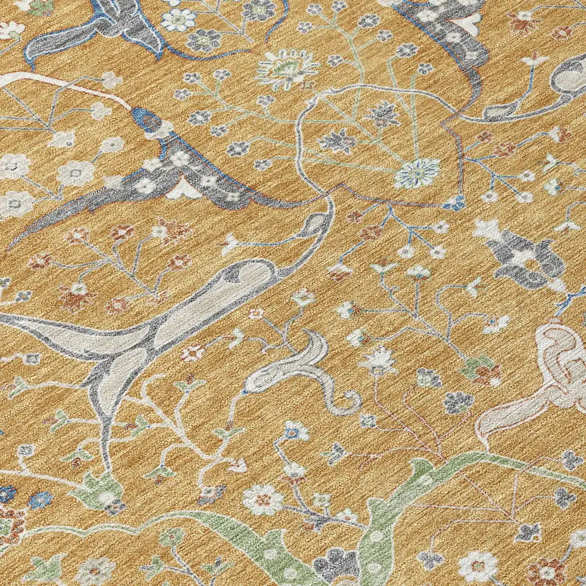 8' Gold And Blue Round Floral Washable Indoor Outdoor Area Rug Photo 8