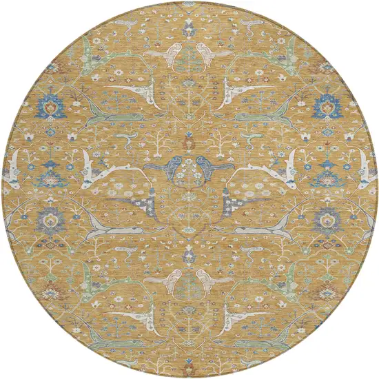 8' Gold And Blue Round Floral Washable Indoor Outdoor Area Rug Photo 2