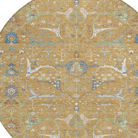 8' Gold And Blue Round Floral Washable Indoor Outdoor Area Rug Photo 7