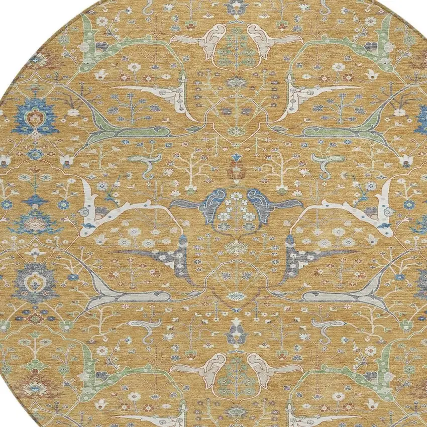 8' Gold And Blue Round Floral Washable Indoor Outdoor Area Rug Photo 7