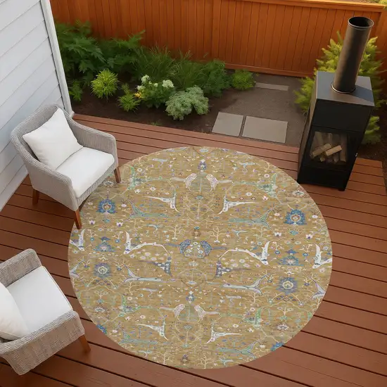 8' Gold And Blue Round Floral Washable Indoor Outdoor Area Rug Photo 9
