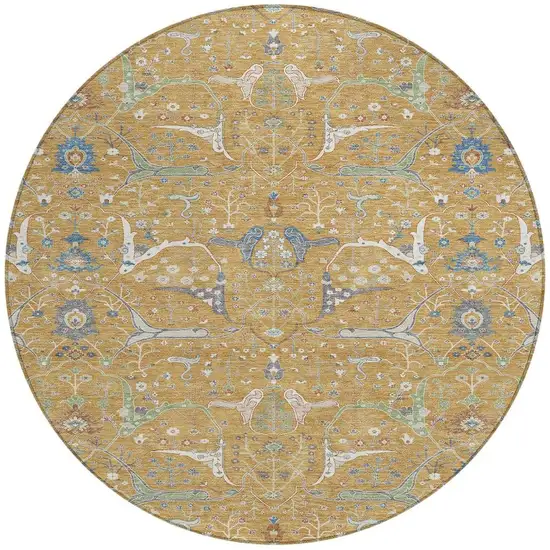 8' Gold And Blue Round Floral Washable Indoor Outdoor Area Rug Photo 4