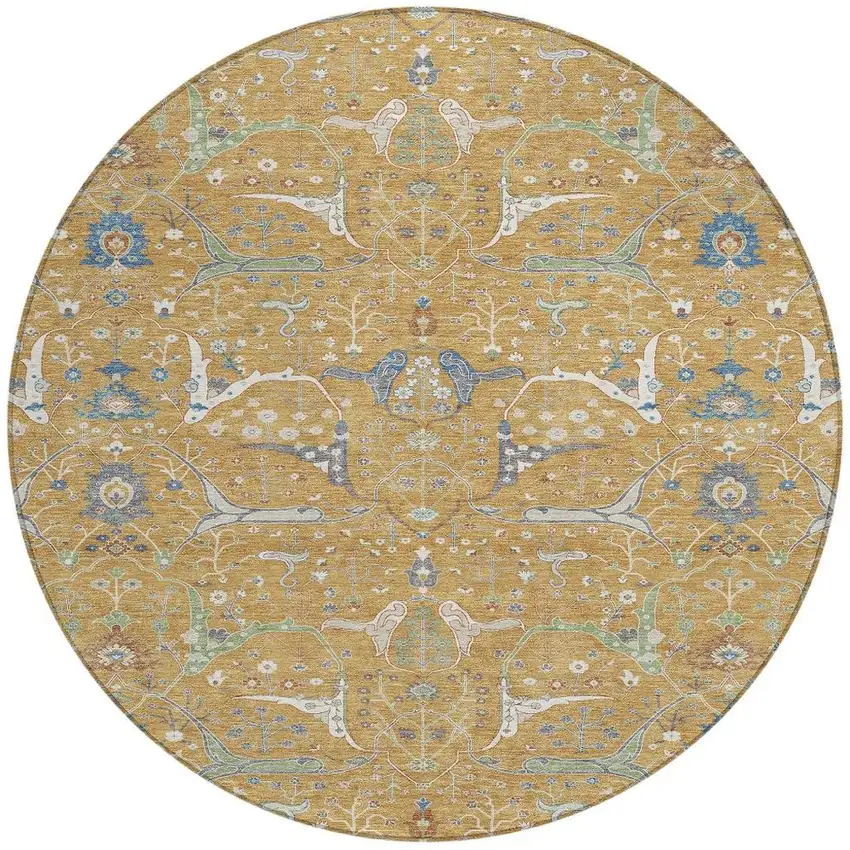 8' Gold And Blue Round Floral Washable Indoor Outdoor Area Rug Photo 4