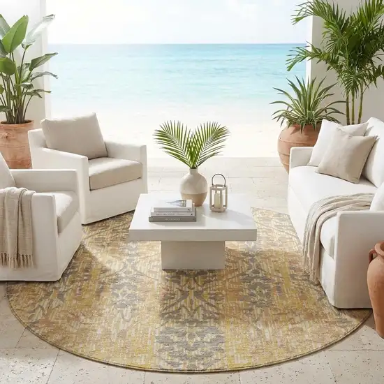 8' Gold And Brown Round Damask Washable Indoor Outdoor Area Rug Photo 1