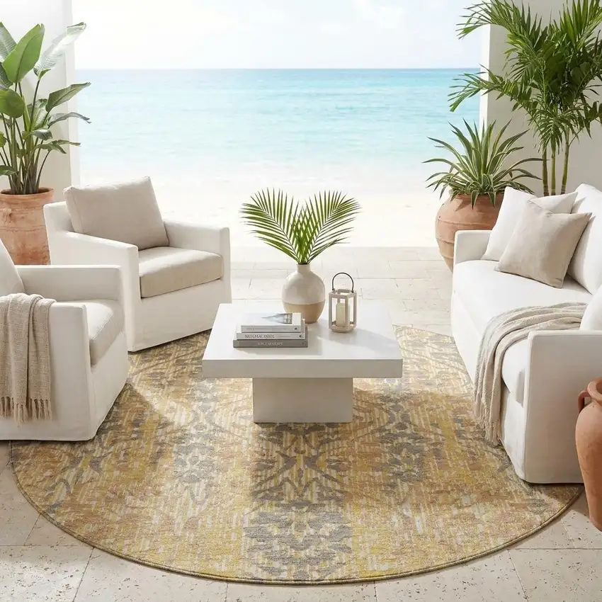 8' Gold And Brown Round Damask Washable Indoor Outdoor Area Rug Photo 1