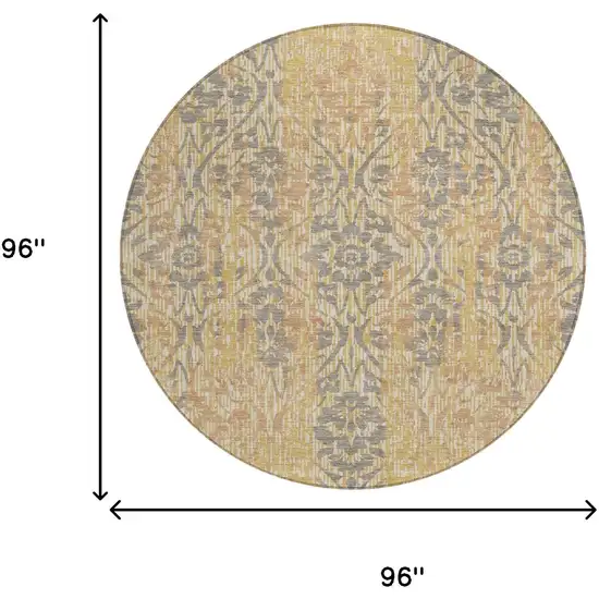 8' Gold And Brown Round Damask Washable Indoor Outdoor Area Rug Photo 7
