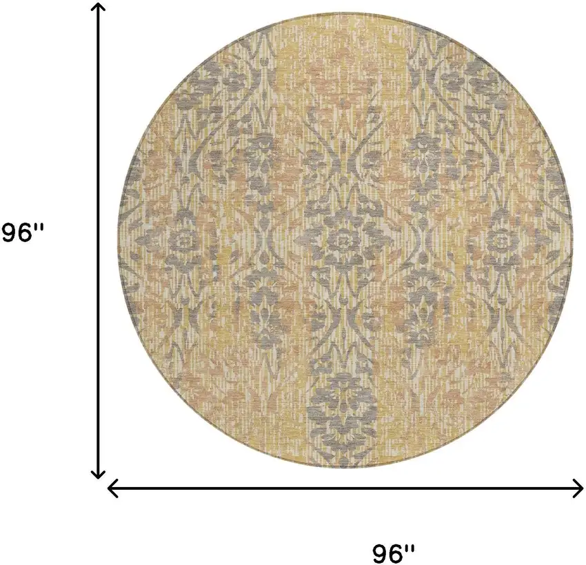 8' Gold And Brown Round Damask Washable Indoor Outdoor Area Rug Photo 7