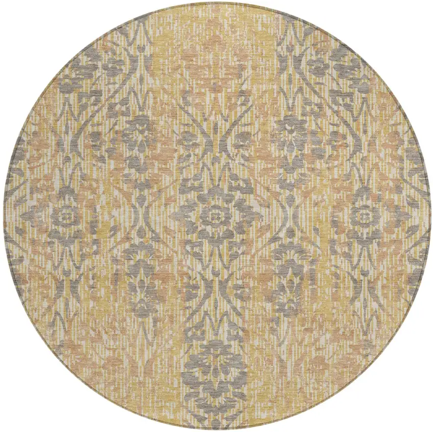 8' Gold And Brown Round Damask Washable Indoor Outdoor Area Rug Photo 2