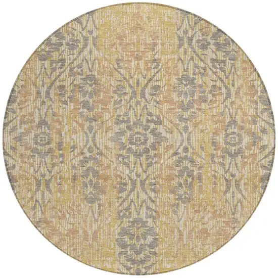 8' Gold And Brown Round Damask Washable Indoor Outdoor Area Rug Photo 4