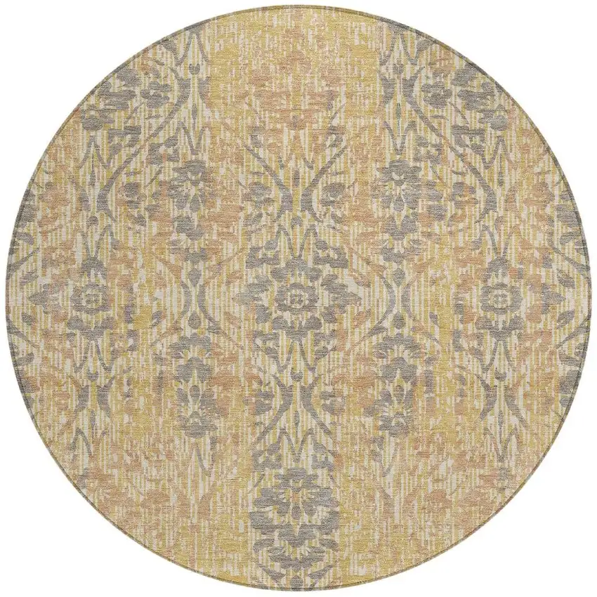 8' Gold And Brown Round Damask Washable Indoor Outdoor Area Rug Photo 4