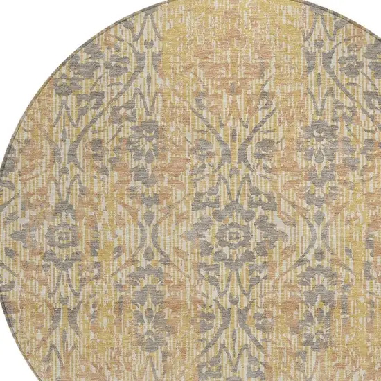 8' Gold And Brown Round Damask Washable Indoor Outdoor Area Rug Photo 3
