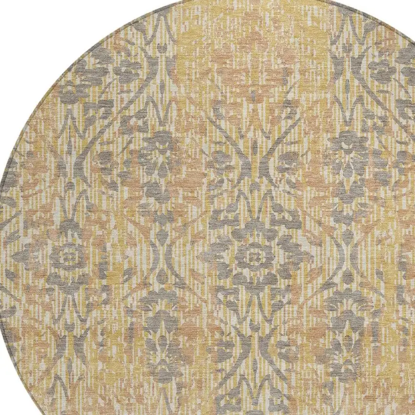 8' Gold And Brown Round Damask Washable Indoor Outdoor Area Rug Photo 3