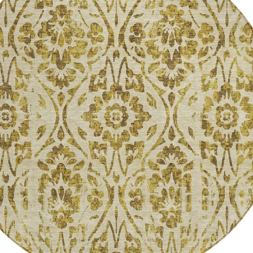 8' Gold And Brown Round Floral Washable Indoor Outdoor Area Rug Photo 4
