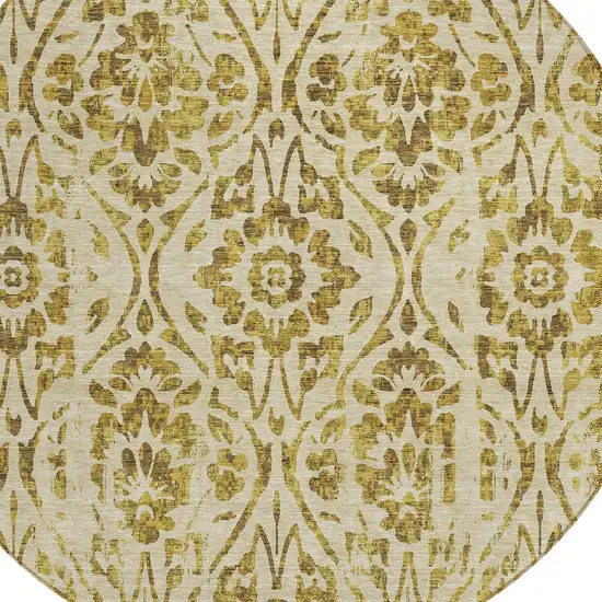 8' Gold And Brown Round Floral Washable Indoor Outdoor Area Rug Photo 4