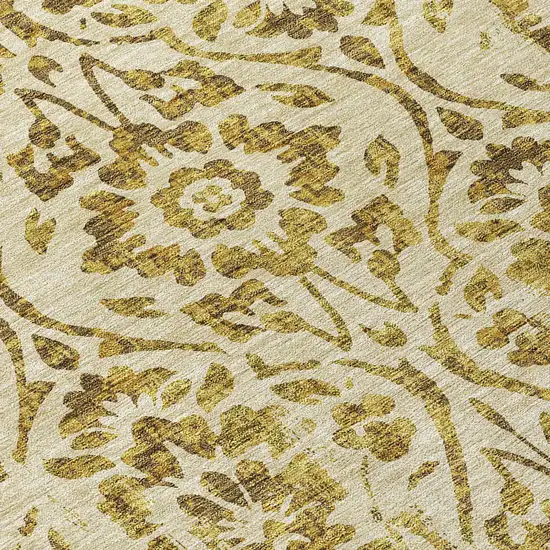 8' Gold And Brown Round Floral Washable Indoor Outdoor Area Rug Photo 8