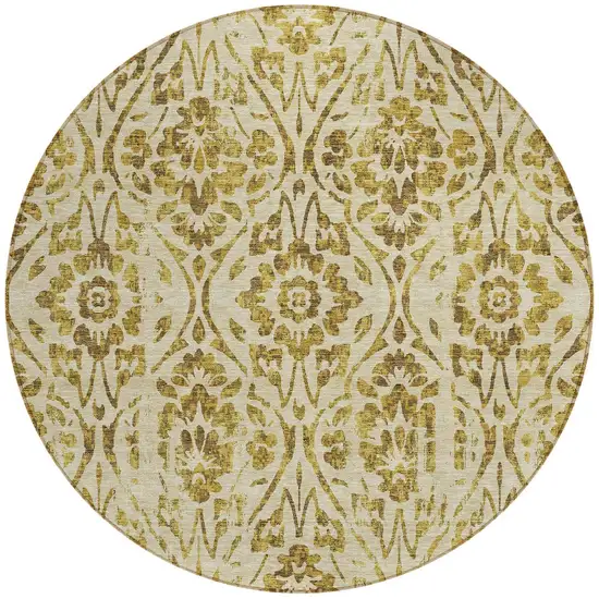 8' Gold And Brown Round Floral Washable Indoor Outdoor Area Rug Photo 5