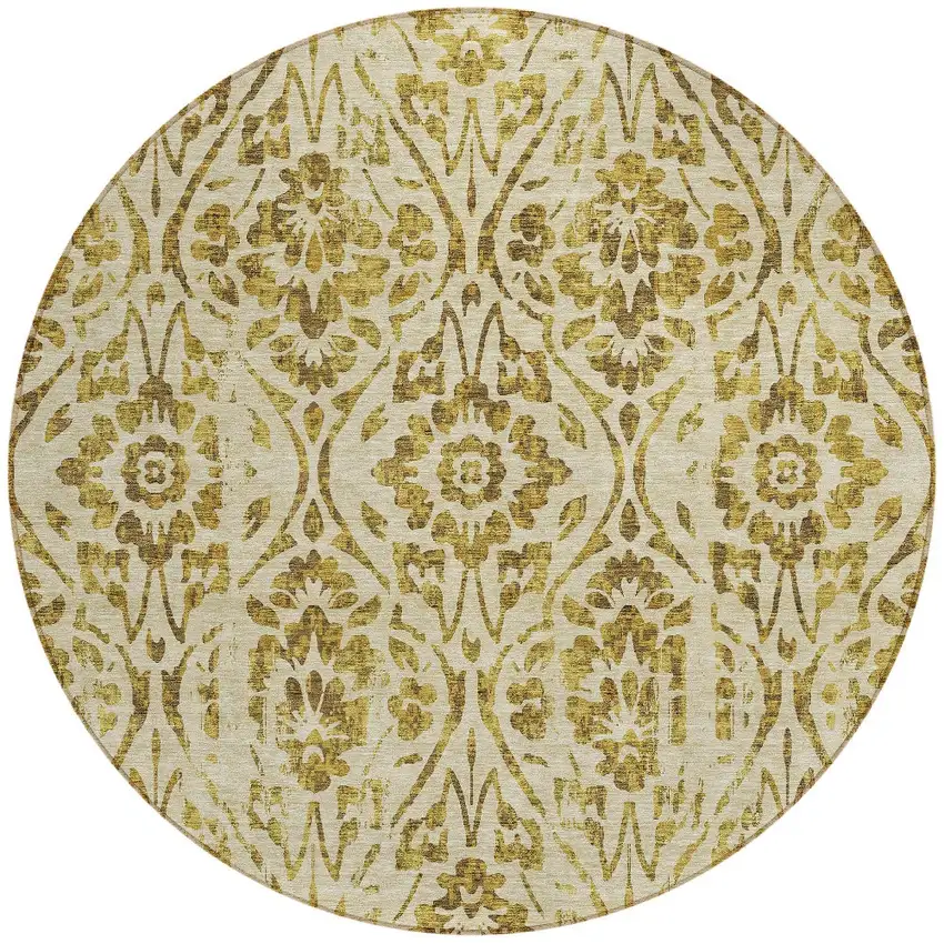 8' Gold And Brown Round Floral Washable Indoor Outdoor Area Rug Photo 5