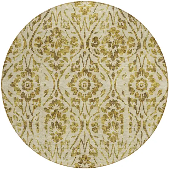 8' Gold And Brown Round Floral Washable Indoor Outdoor Area Rug Photo 2