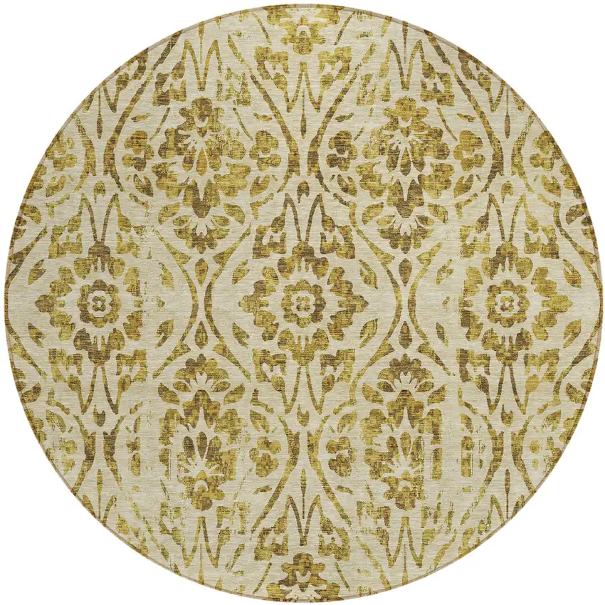 8' Gold And Brown Round Floral Washable Indoor Outdoor Area Rug Photo 2