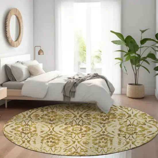 8' Gold And Brown Round Floral Washable Indoor Outdoor Area Rug Photo 7