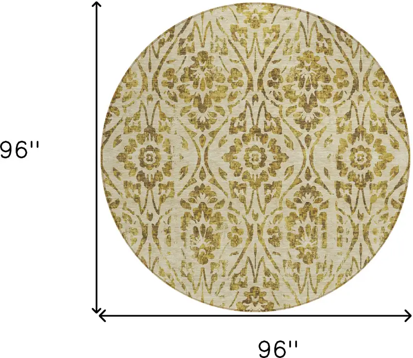 8' Gold And Brown Round Floral Washable Indoor Outdoor Area Rug Photo 3