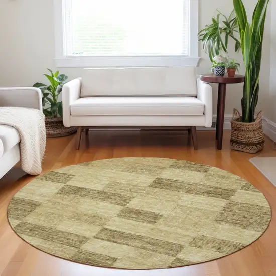 8' Gold And Brown Round Geometric Washable Indoor Outdoor Area Rug Photo 8