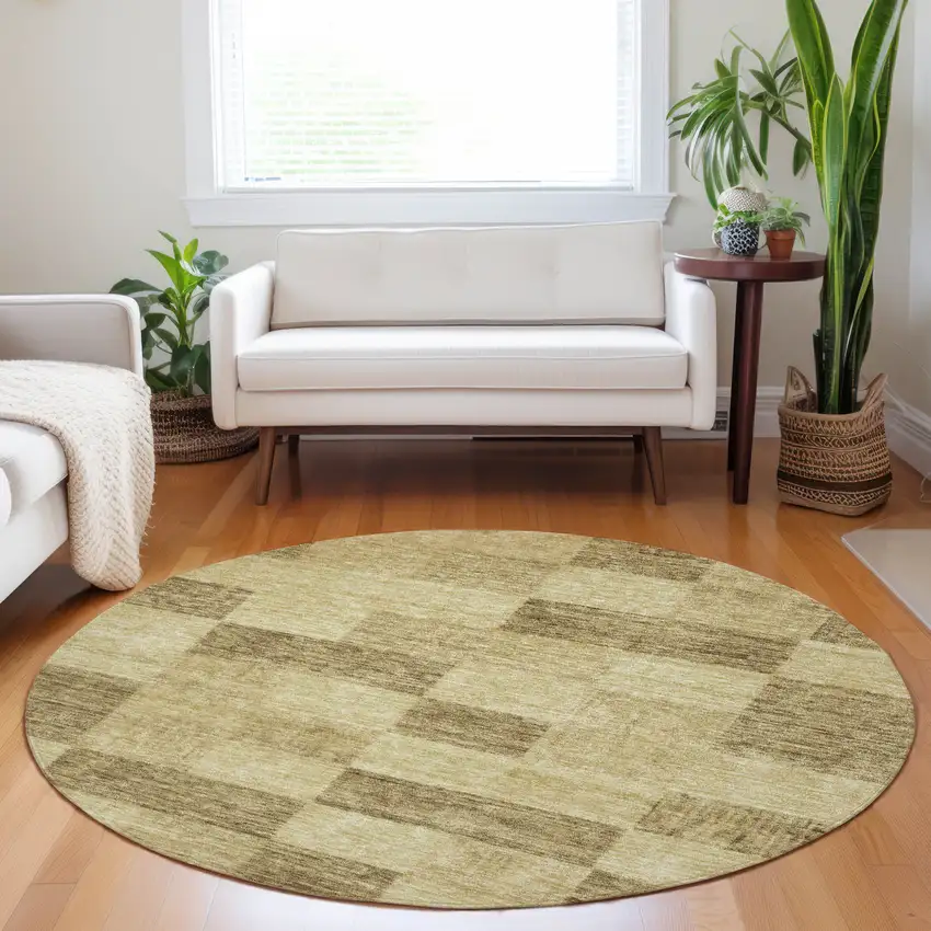 8' Gold And Brown Round Geometric Washable Indoor Outdoor Area Rug Photo 8