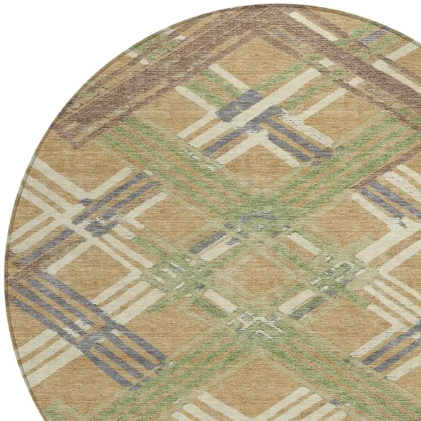 8' Gold And Brown Round Geometric Washable Indoor Outdoor Area Rug Photo 2