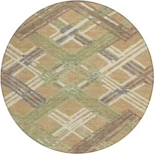 Photo of 8' Gold And Brown Round Geometric Washable Indoor Outdoor Area Rug
