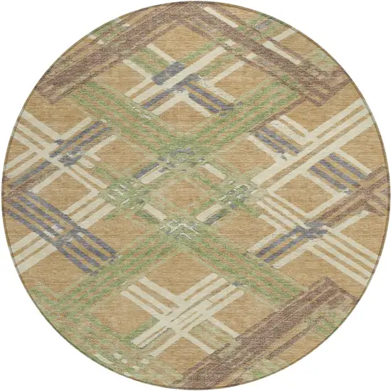 8' Gold And Brown Round Geometric Washable Indoor Outdoor Area Rug Photo 1