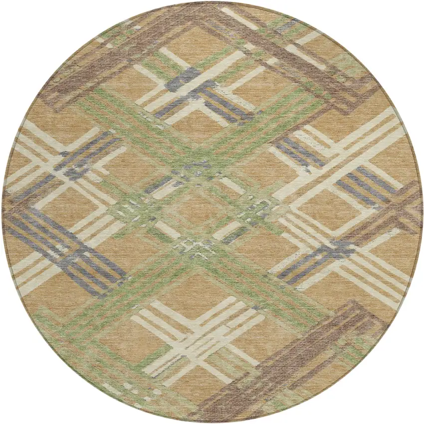 8' Gold And Brown Round Geometric Washable Indoor Outdoor Area Rug Photo 1