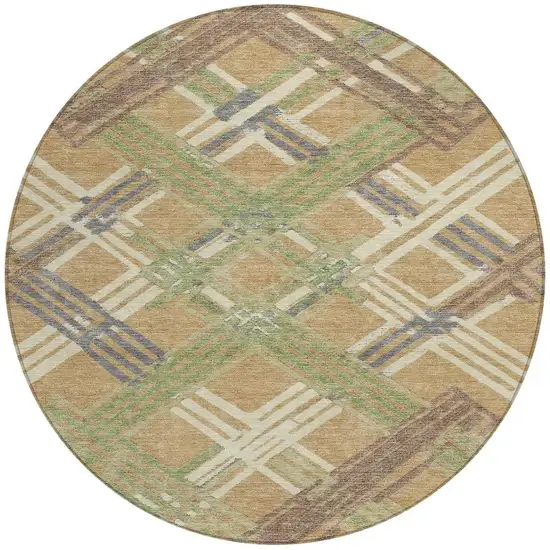 8' Gold And Brown Round Geometric Washable Indoor Outdoor Area Rug Photo 3